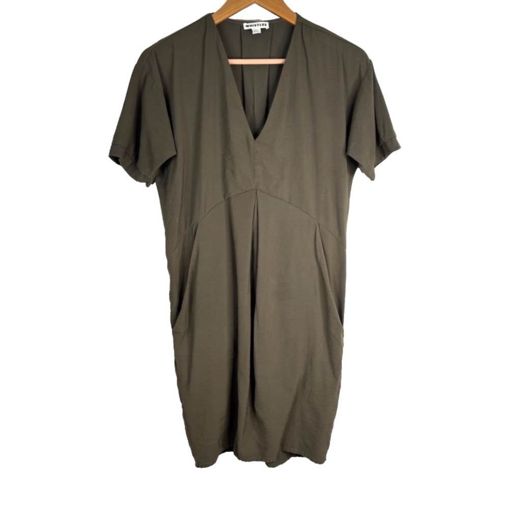 Whistles Hannah Sack Dress XS Olive Pockets Short Sleeve Minimalist Slouchy READ
